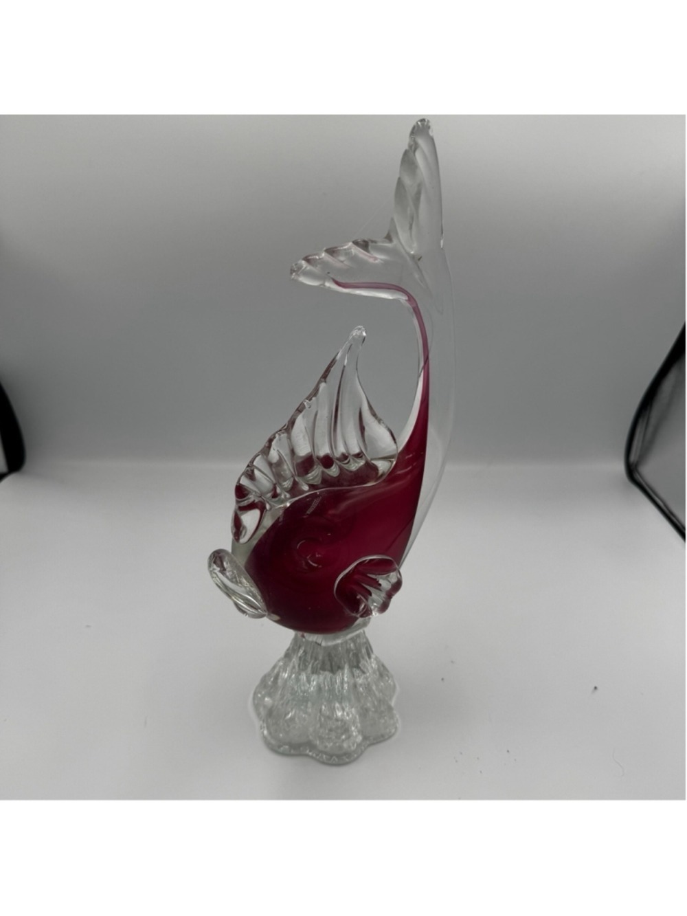 Vintage Murano Style Art Glass Fish Sculpture Red Clear Italy 12” MCM